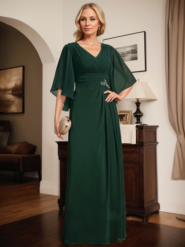 Robe de mère de la mariée fourreau/colonne, col en V, longueur au sol, en mousseline, avec paillettes plissées et perles 
