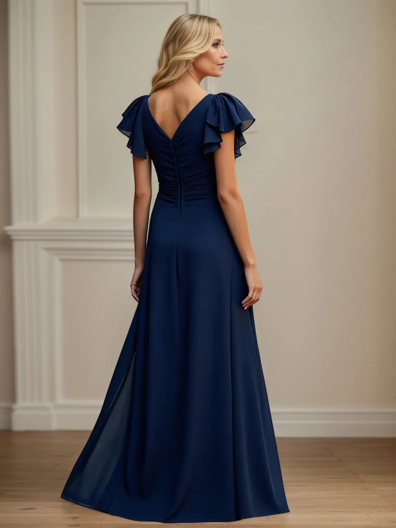 V Neck Ruched Chiffon A Line Mother of the Bride Dress