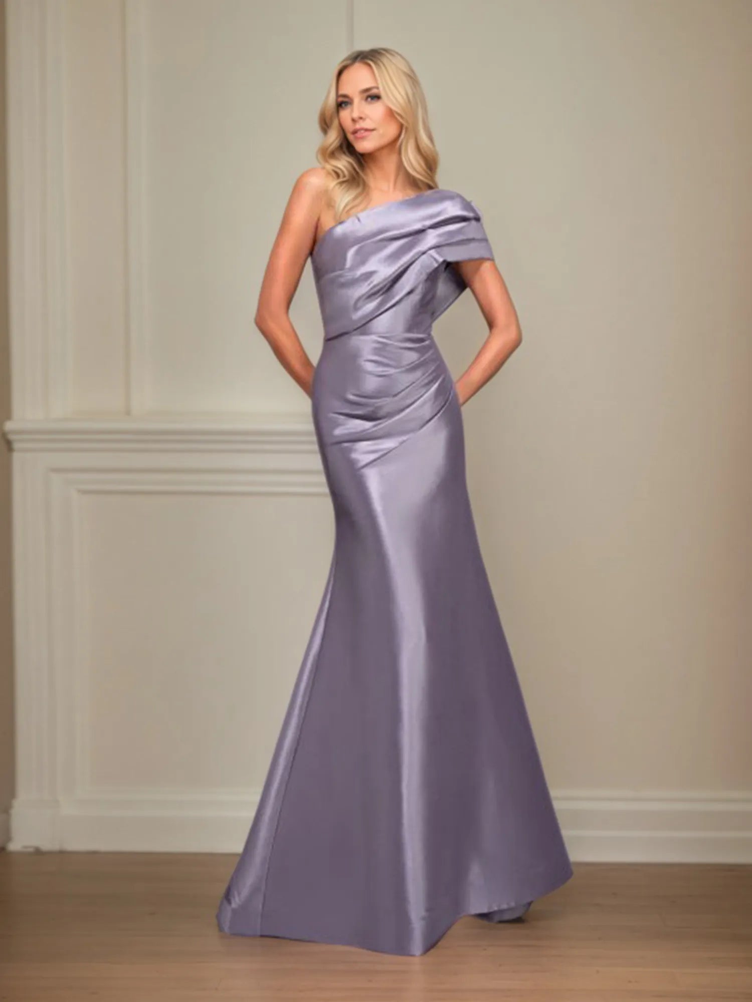 Mermaid One Shoulder Sleeveless Satin Mother of the Bride Dress With Ruched