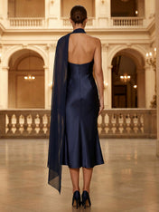 Navy Blue One Shoulder Chiffon Cape Midi Dress Satin Sheath Evening Gown