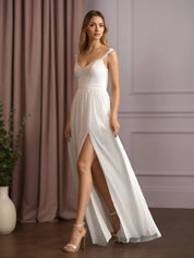 White A-Line V-Neck Sleeveless Lace Chiffon Wedding Dress