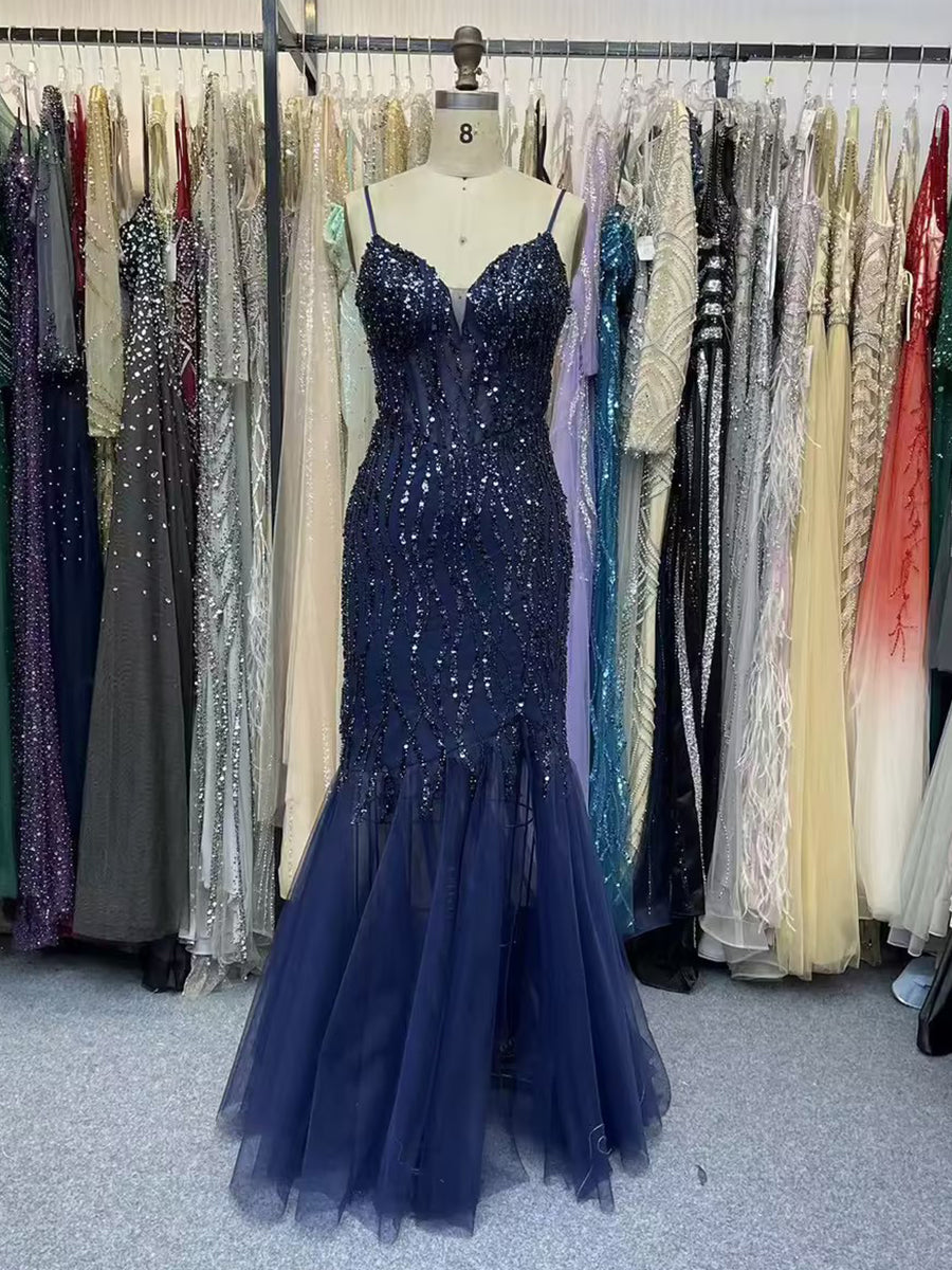 Glamorous Navy Blue V-Neck Beaded Mermaid Prom Dress