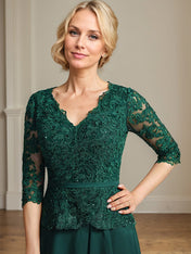 A-line V-Neck Floor-Length Lace Chiffon Mother of the Bride Dress With Cascading Ruffles Sequins