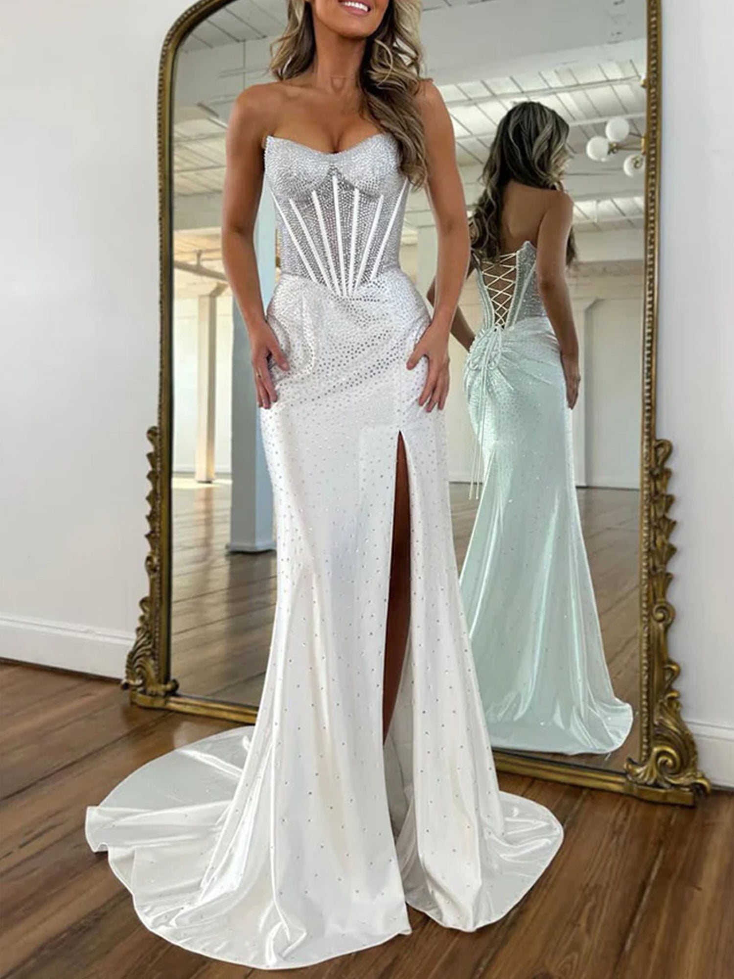 Mermaid Strapless Corset Beaded Long Prom Dress with Slit