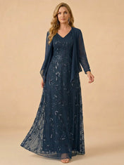 A-Line Sequin Embroidered V-Neck Mother of the Bride Gown with Matching Jacket