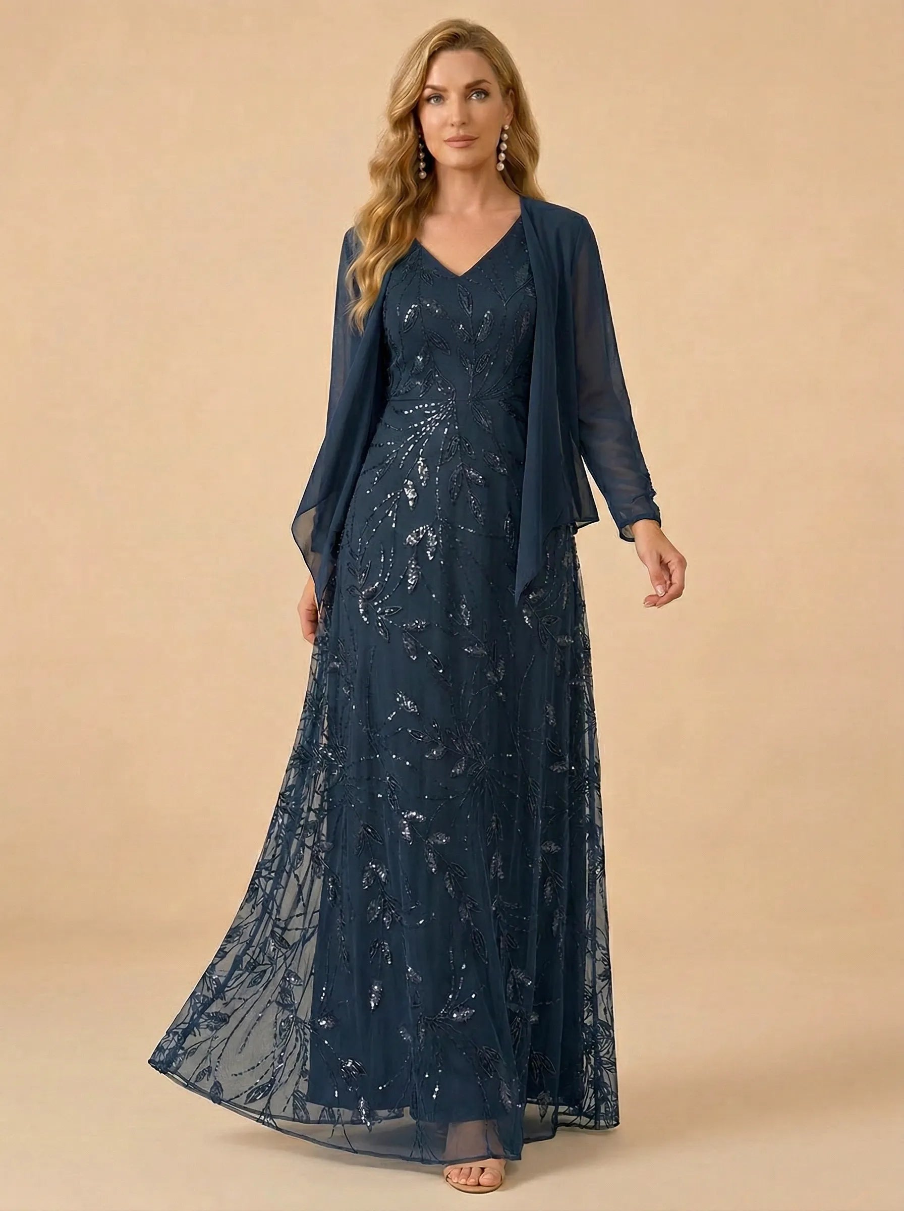 A-Line Sequin Embroidered V-Neck Mother of the Bride Gown with Matching Jacket
