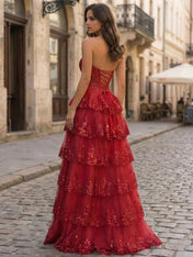 Pink A Line Strapless Sweetheart Tiered Lace Corset Prom Dress