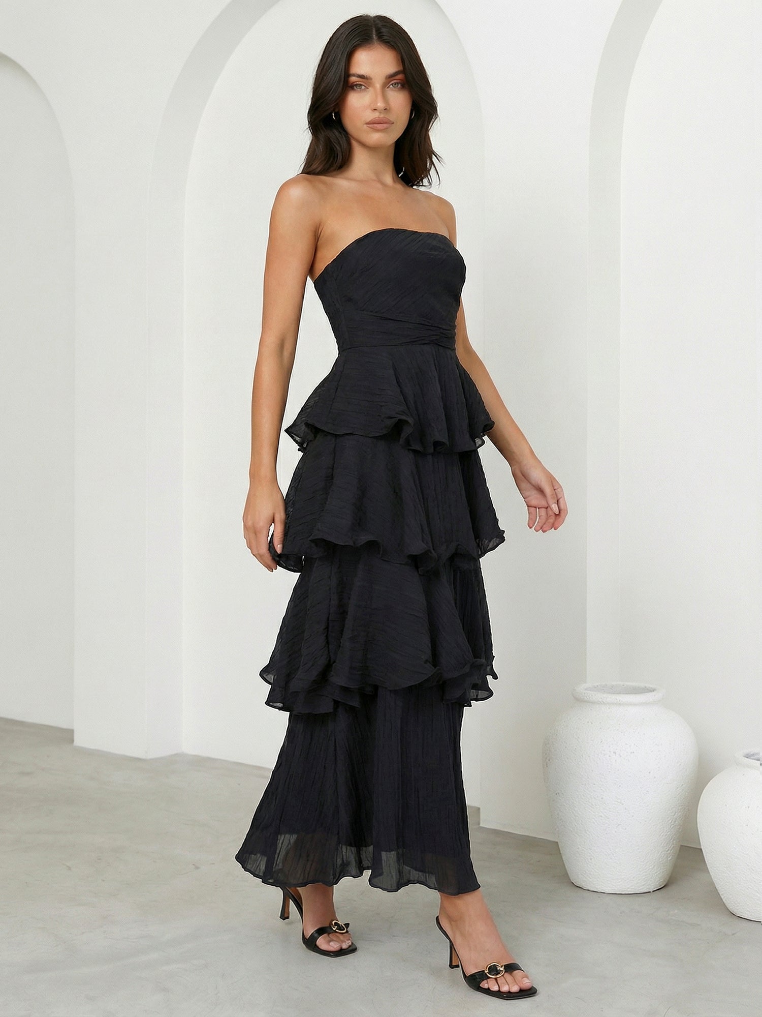 Black Strapless Tiered Maxi Dress Ankle Length