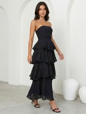 Black Strapless Tiered Maxi Dress Ankle Length