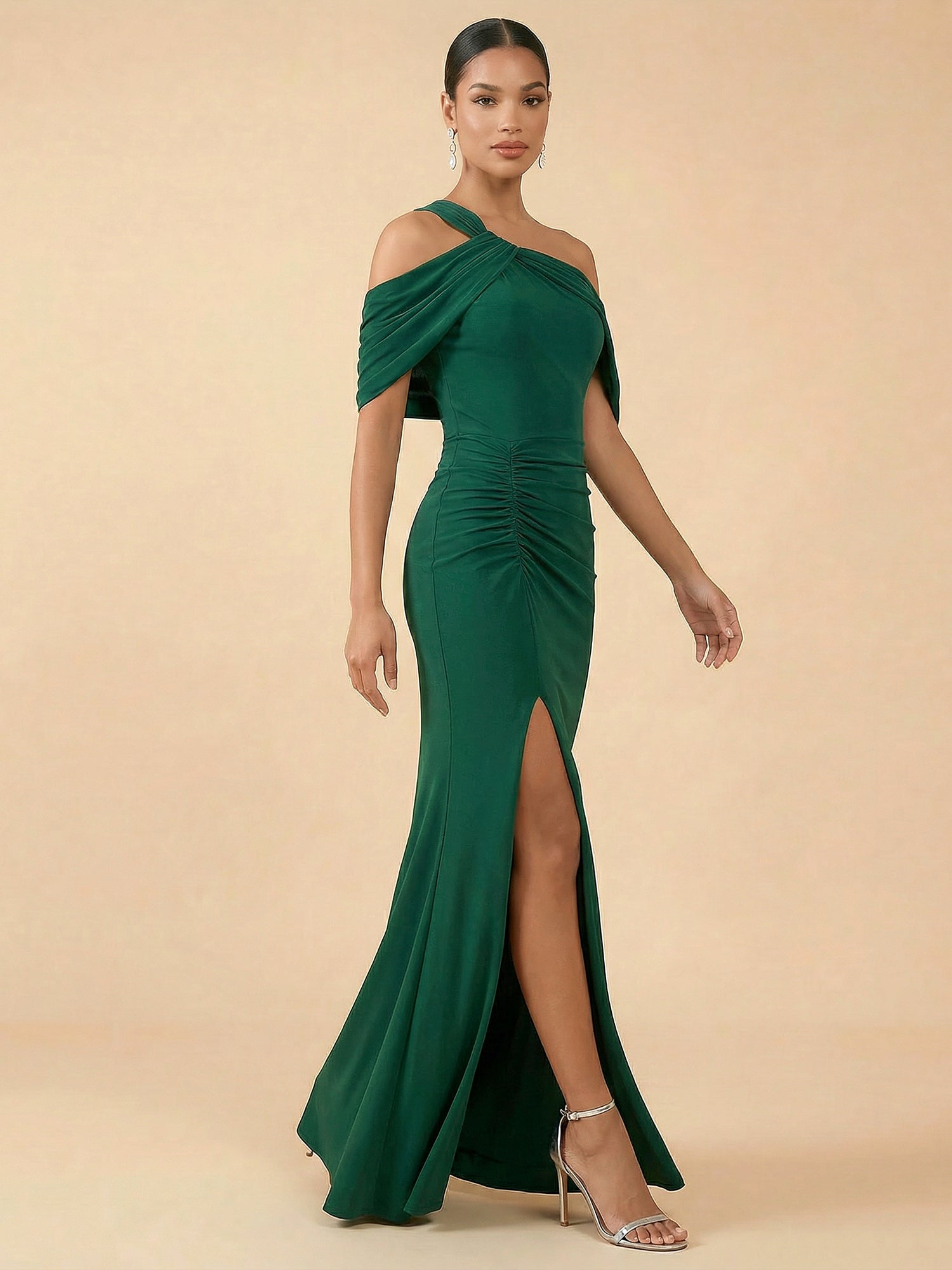 Emerald Green Cold Shoulder Slit Evening Gown with Ruched
