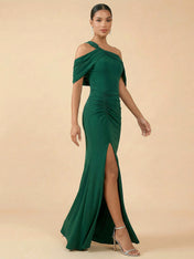 Emerald Green Cold Shoulder Slit Evening Gown with Ruched