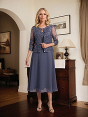 A-line Scoop Tea-Length Lace Chiffon Mother of the Bride Dress With Sequins