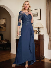 A-line Scoop Illusion Asymmetrical Lace Chiffon Mother of the Bride Dress With Sequins Cascading Ruffles