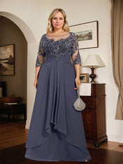 A-line Scoop Illusion Floor-Length Lace Chiffon Mother of the Bride Dress With Cascading Ruffles