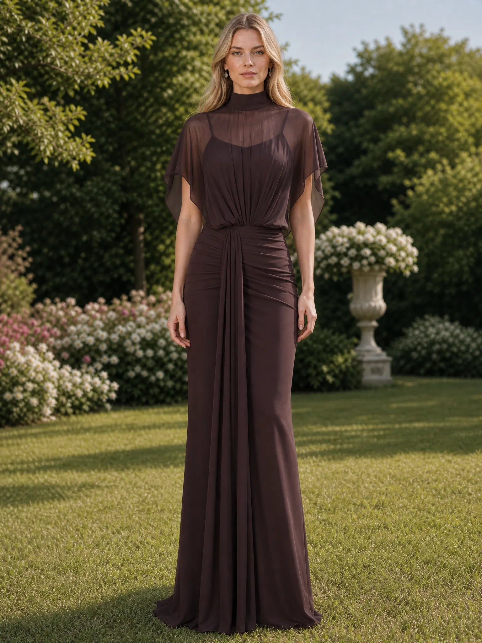 High-Neck Draped Capelet Bridesmaid Dress with Ruched Waistband