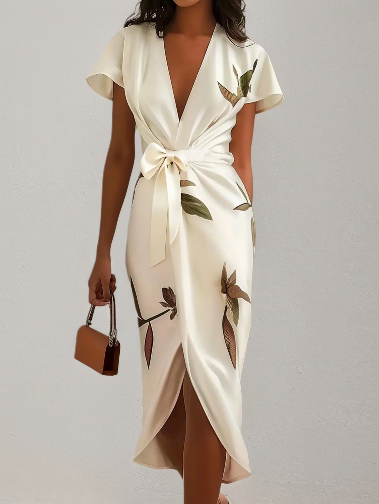 White Leaf Short Sleeve Satin Wrap Sheath Midi Dress