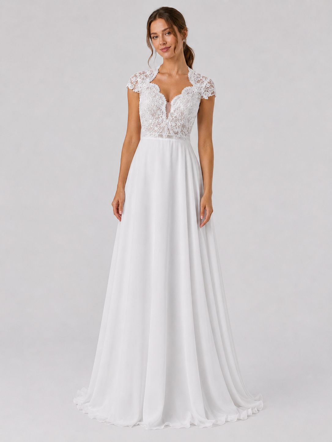 Elegant V-Neck Lace Bodice Chiffon A-Line Wedding Dress with Keyhole Back and Sweep Train