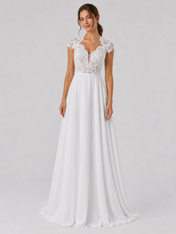 Elegant V-Neck Lace Bodice Chiffon A-Line Wedding Dress with Keyhole Back and Sweep Train