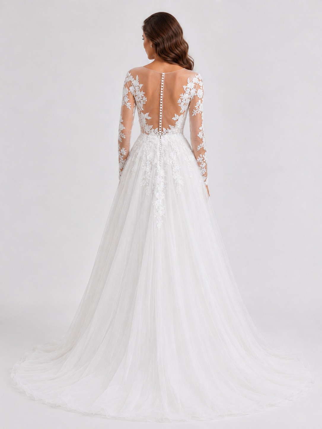 Elegant Illusion Long-Sleeve Tulle A-Line Wedding Dress with Sweep Train