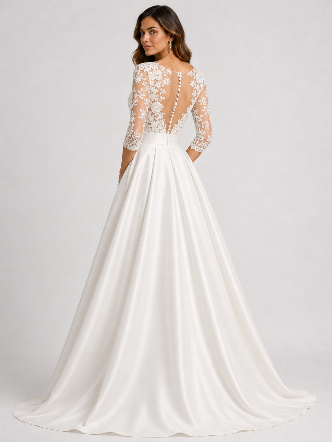 Elegant Lace Applique V-Neck Satin A-Line Wedding Dress with Sweep Train