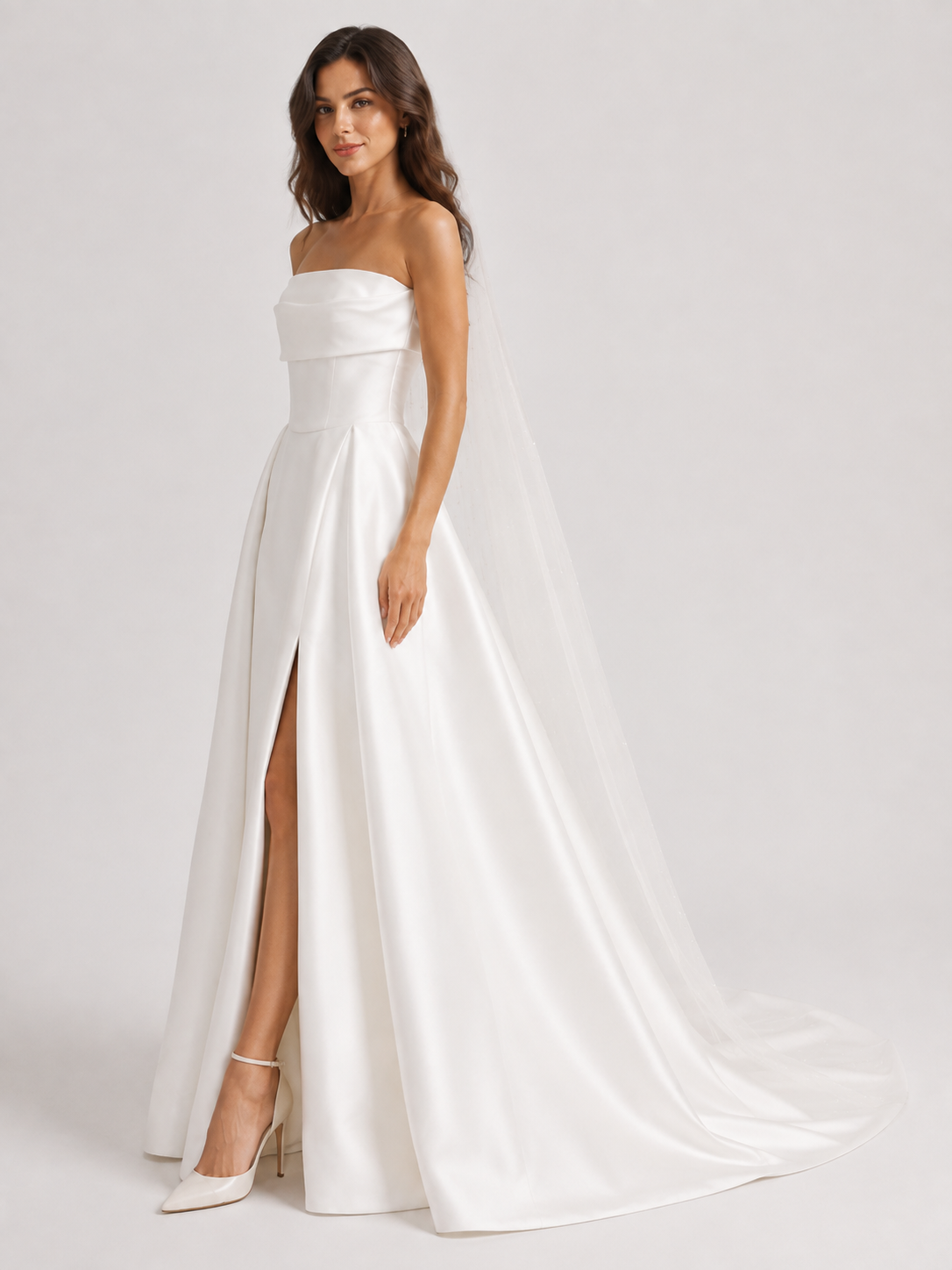 Elegant Strapless Satin A-Line Wedding Dress with High Slit and Sweep Train