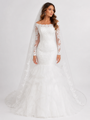 Elegant Off-the-Shoulder Lace Long-Sleeve Mermaid Wedding Dress with Ruffled Tiered Skirt and Chapel Train