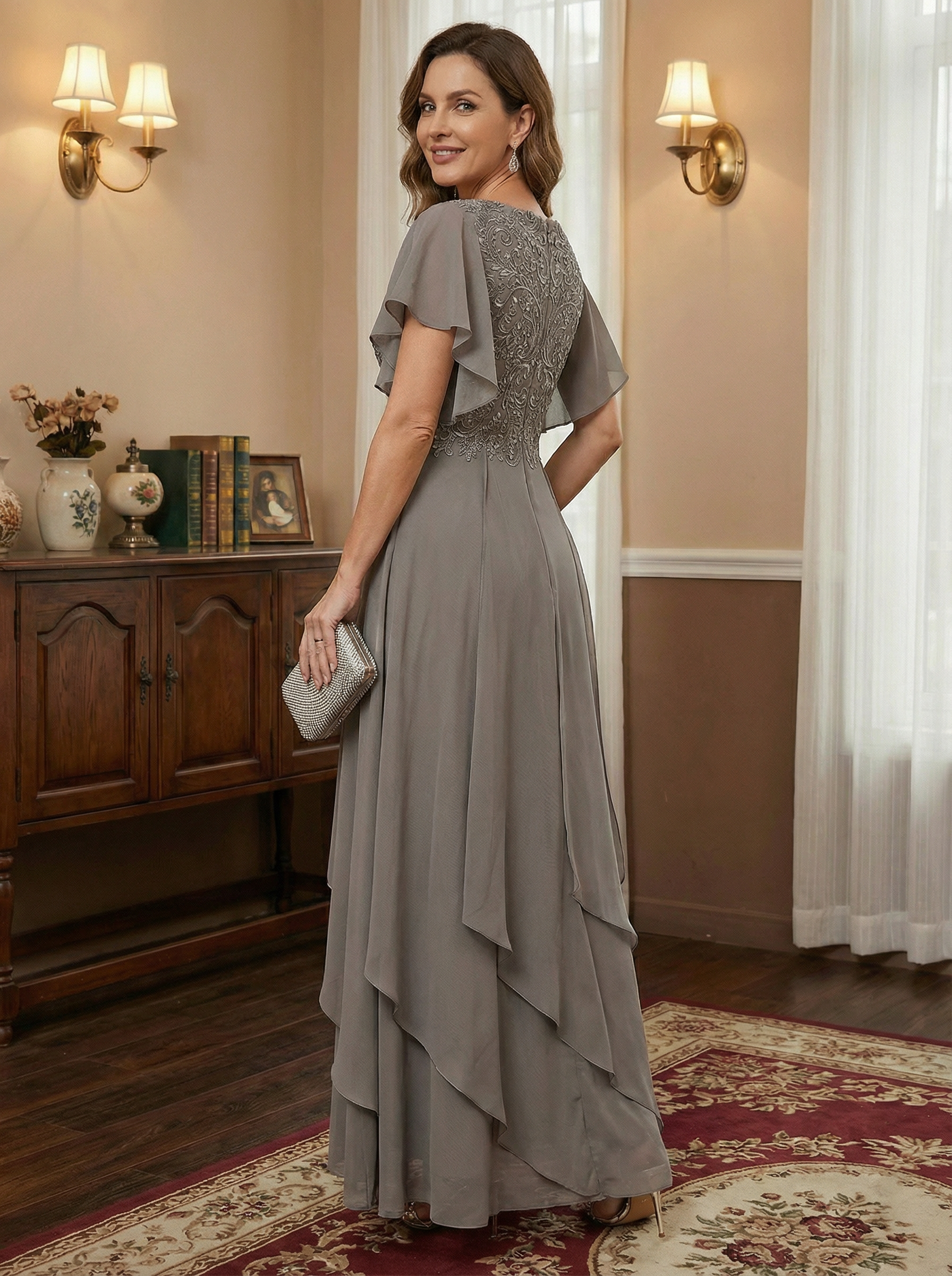 A-line V-Neck Ankle-Length Lace Chiffon Mother of the Bride Dress With Cascading Ruffles