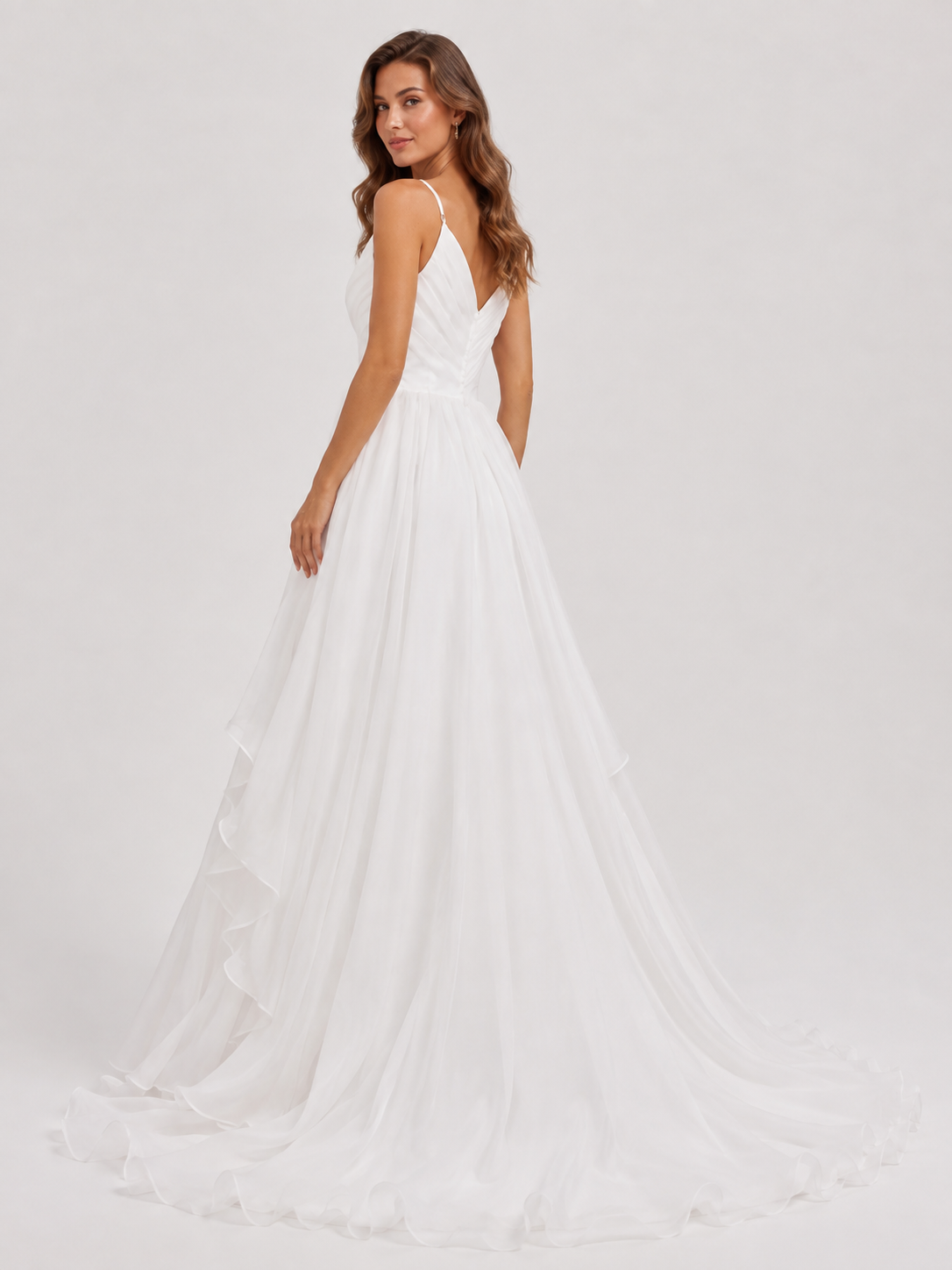 Elegant V-Neck Ruched Chiffon A-Line Wedding Dress with Chapel Train