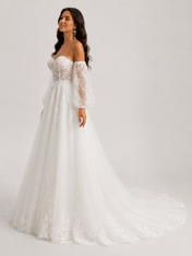 Elegant Off-the-Shoulder Sweetheart Lace Tulle A-Line Wedding Dress with Detachable Bishop Sleeves and Chapel Train