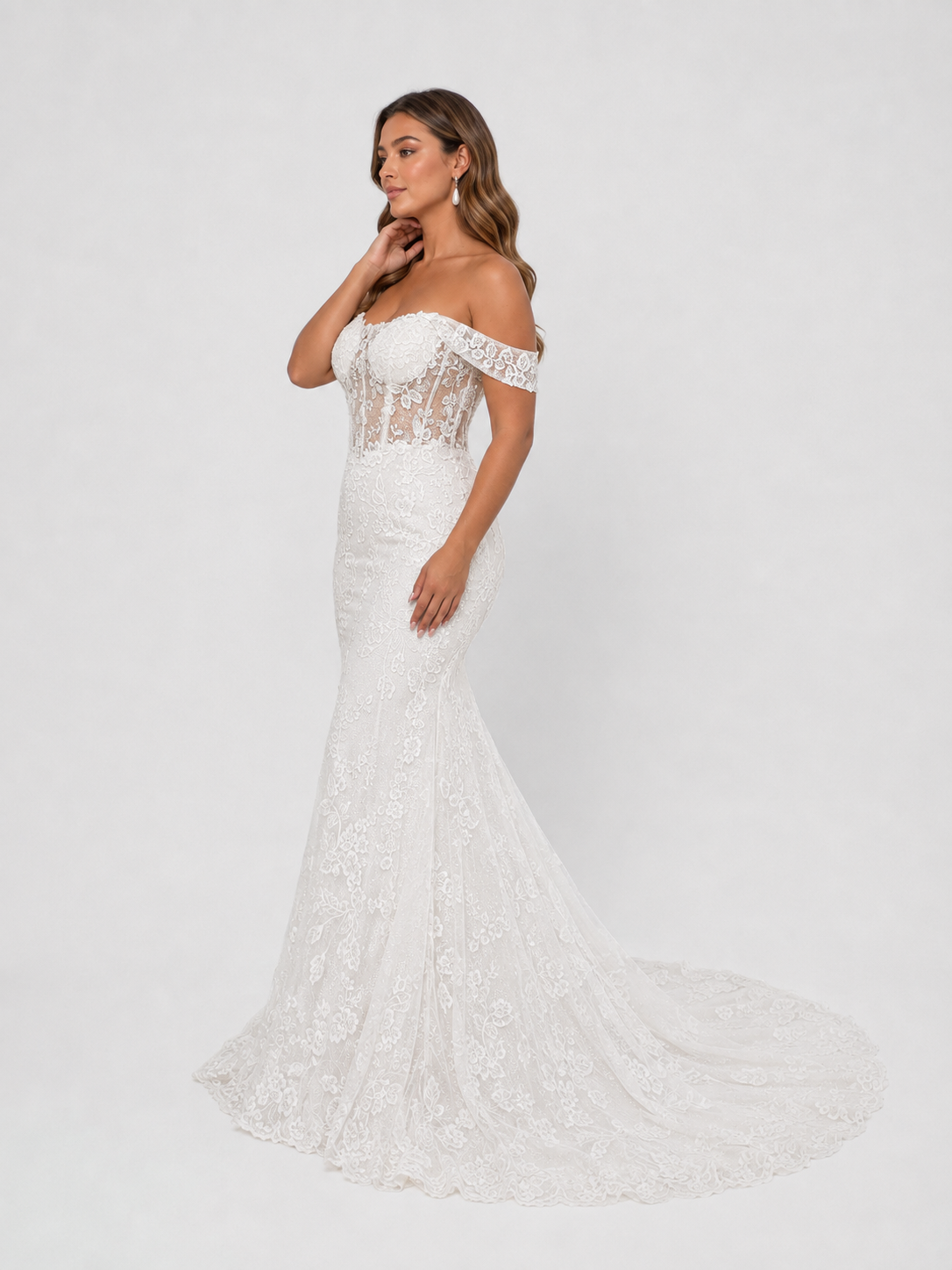 Elegant Off-the-Shoulder Corset Lace Mermaid Wedding Dress with Chapel Train