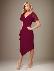 Burgundy Stretch Crepe V-Neck Short Sleeves Tea-Length Dress