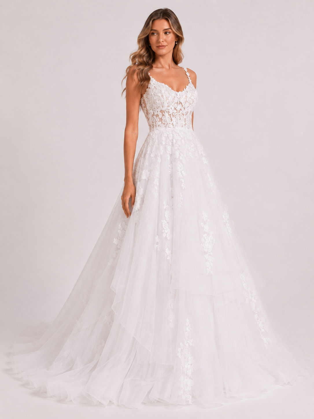 Elegant Sweetheart V-Neck Lace Applique Tulle A-Line Wedding Dress with Spaghetti Straps and Chapel Train
