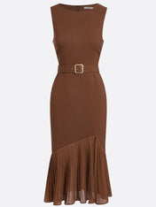 Brown Pleated Slit Classic Boat Neck Sleeveless Mermaid Midi Dress