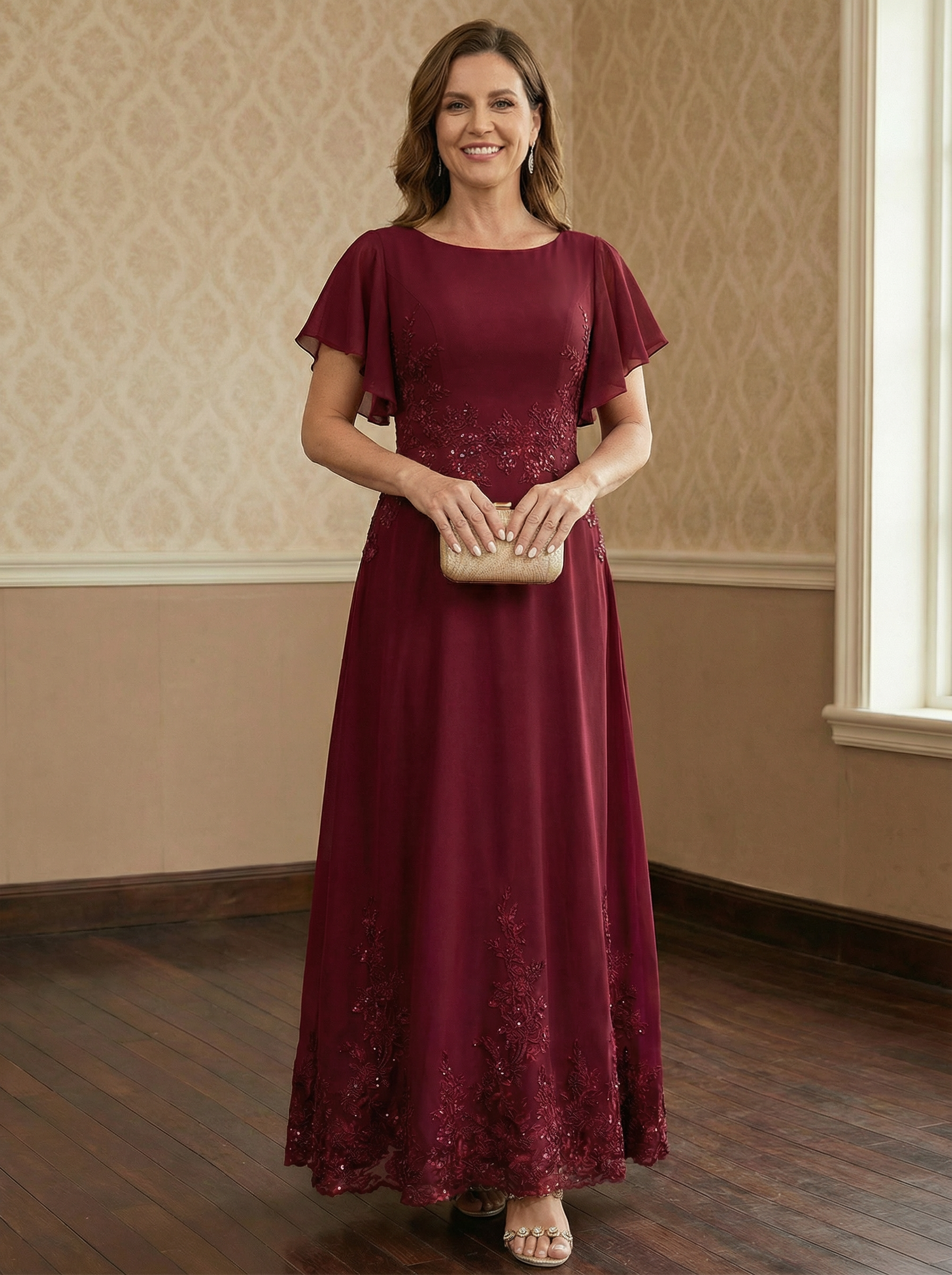 A-line Scoop Ankle-Length Lace Chiffon Mother of the Bride Dress With Sequins