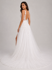Elegant Pleated Satin A-Line Wedding Dress with High Slit and Sweep Train