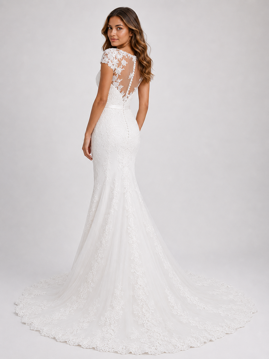 Elegant Illusion Cap-Sleeve Lace Mermaid Wedding Dress with Chapel Train