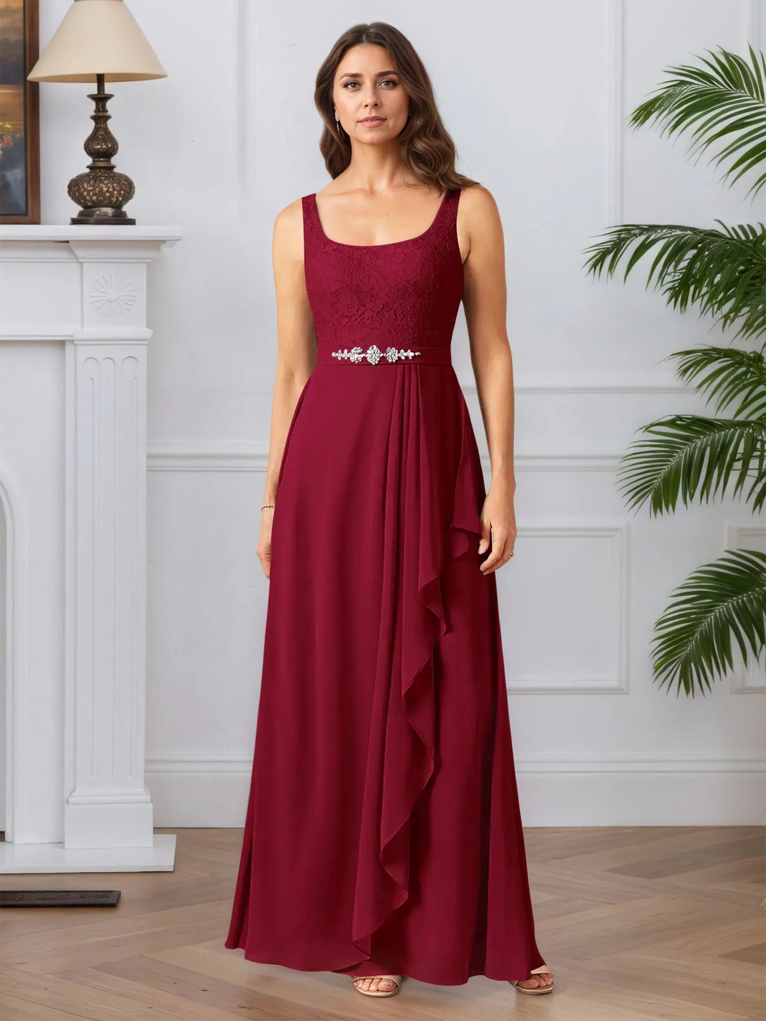 A-Line Square Neckline Lace Chiffon Mother of the Bride Dress