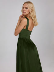 Olive Green A Line Satin Square Neck Sleeveless Tea Length Dress