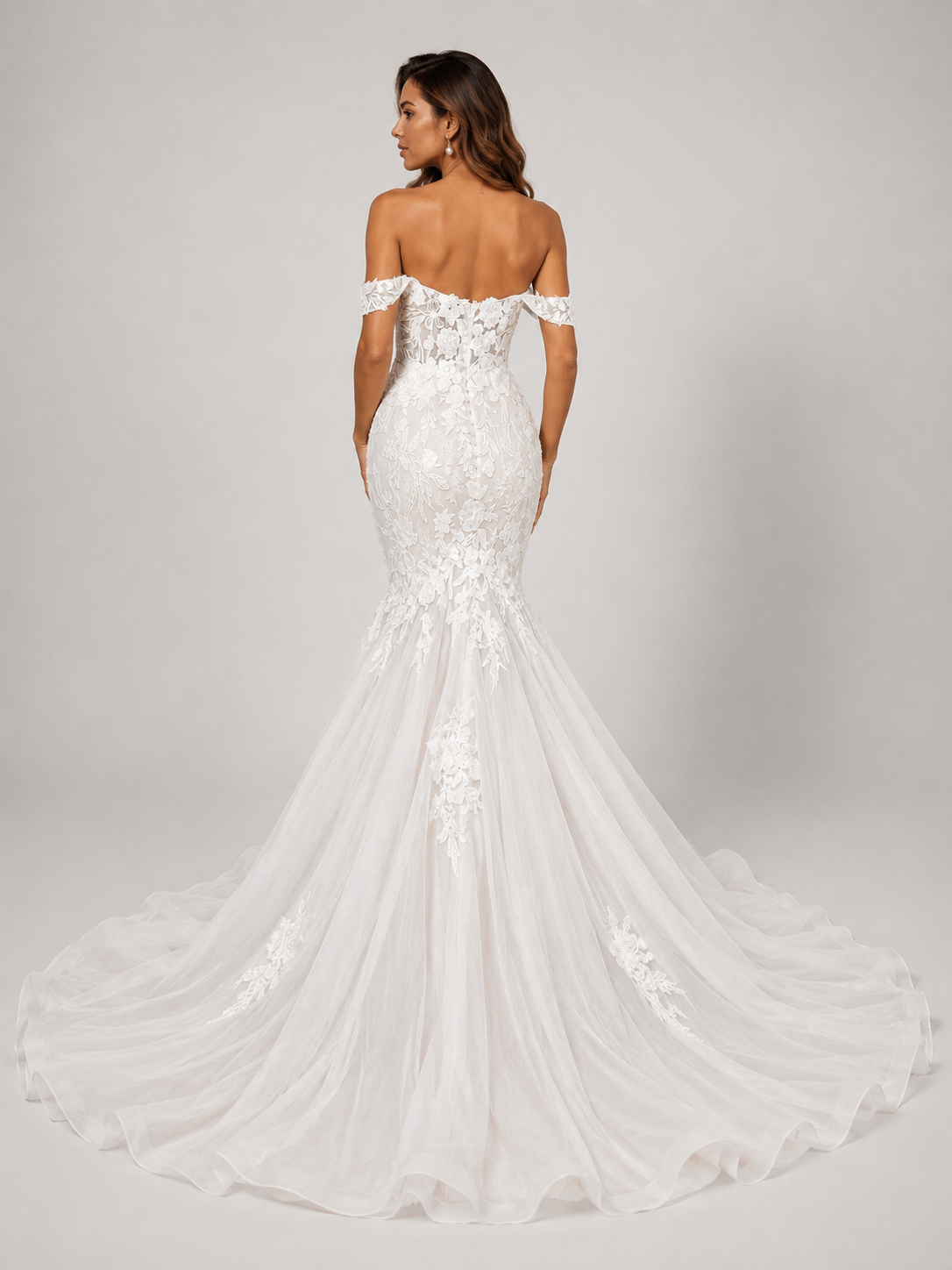 Elegant Off-the-Shoulder Lace Applique Mermaid Wedding Dress with Chapel Train 