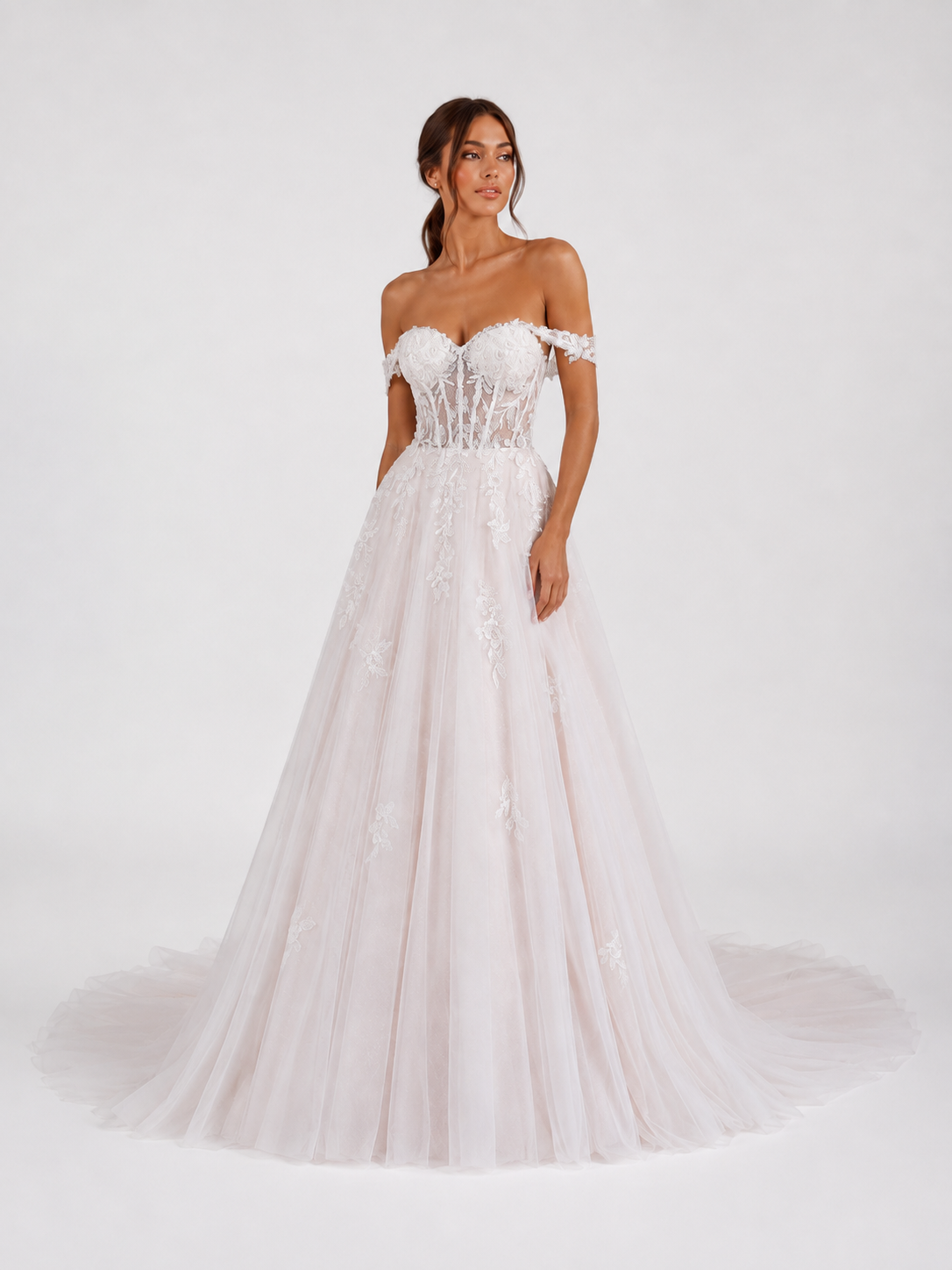 Elegant Off-the-Shoulder Lace Bodice Tulle A-Line Wedding Dress with Chapel Train
