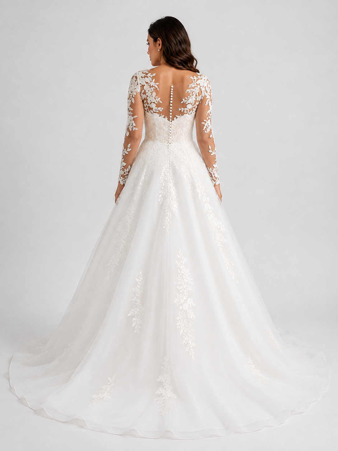 Elegant Floral Applique Tulle A-Line Wedding Dress with Sweep Train