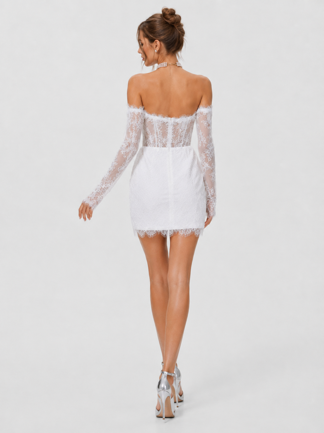 Elegant Off-the-Shoulder Corset Lace Mini Wedding Dress with Long Sleeves