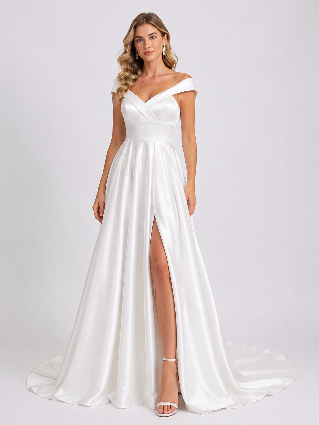 Elegant Off-the-Shoulder V-Neck Ruched Satin A-Line Wedding Dress with High Slit and Chapel Train