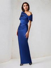 Royal Blue Asymmetrical Neckline Floor Length Sheath Satin Mother Of The Bride Dress