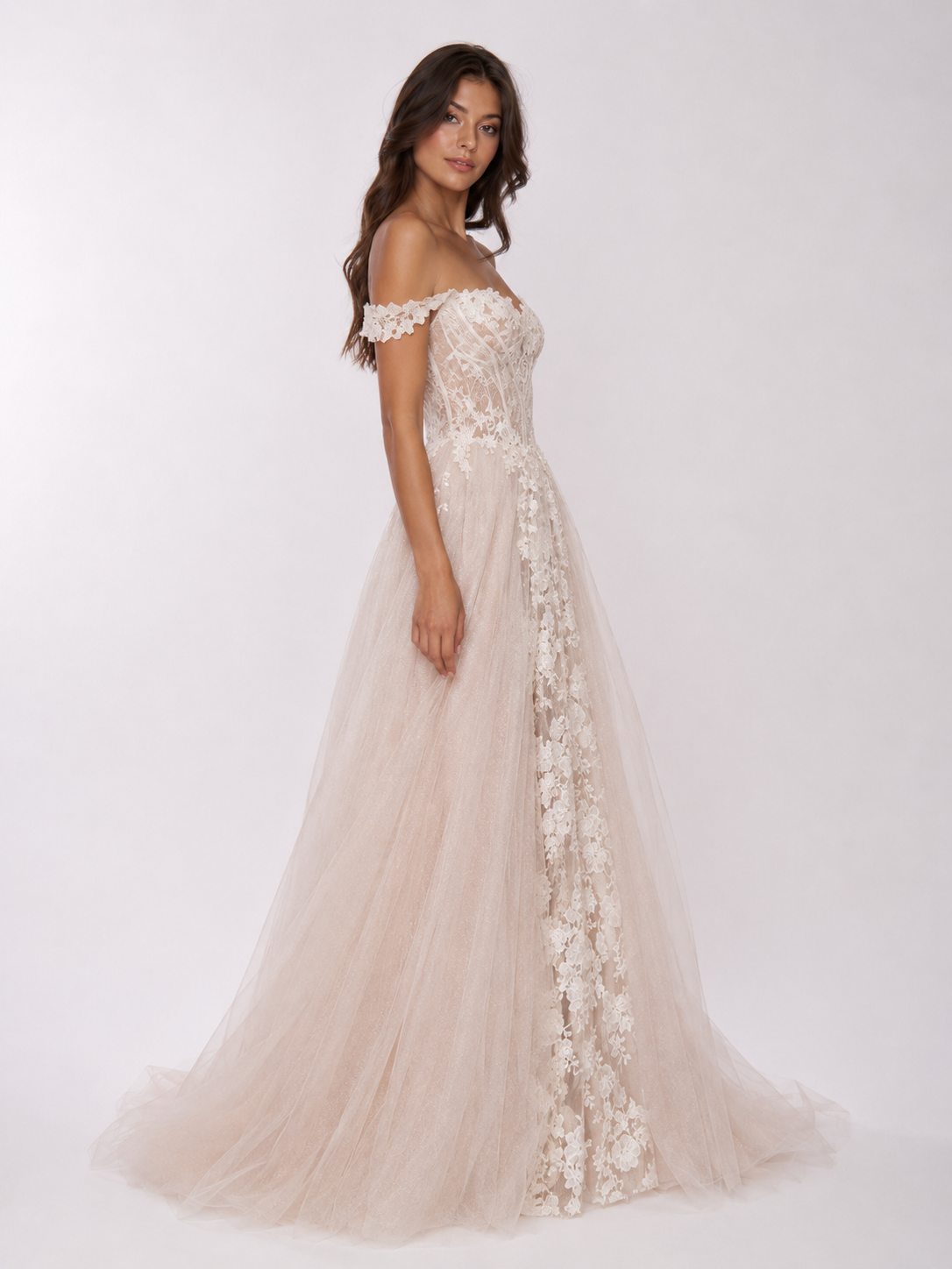 Elegant Off-the-Shoulder Lace Applique Glitter Tulle A-Line Wedding Dress with Chapel Train