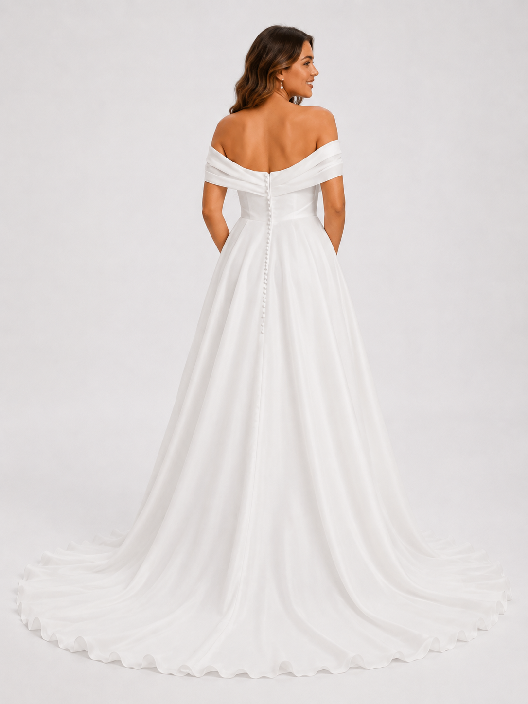Elegant Off-the-Shoulder Draped Satin A-Line Wedding Dress with Chapel Train