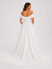 Elegant Off-the-Shoulder Draped Satin A-Line Wedding Dress with Chapel Train