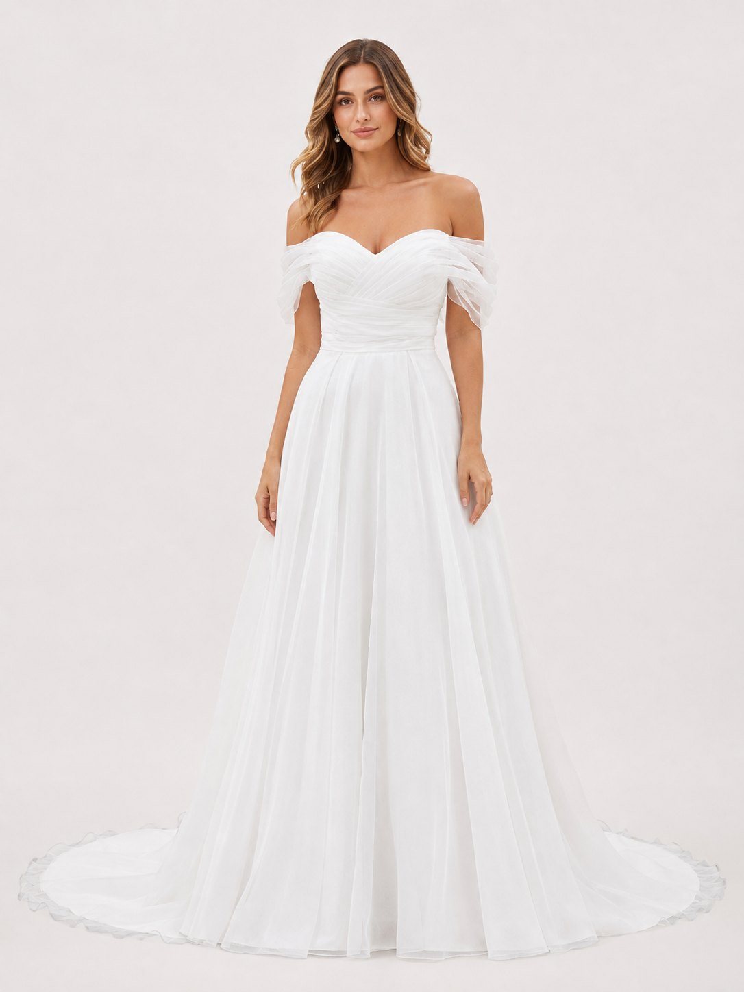 Elegant Off-the-Shoulder Ruched Tulle A-Line Wedding Dress with Chapel Train