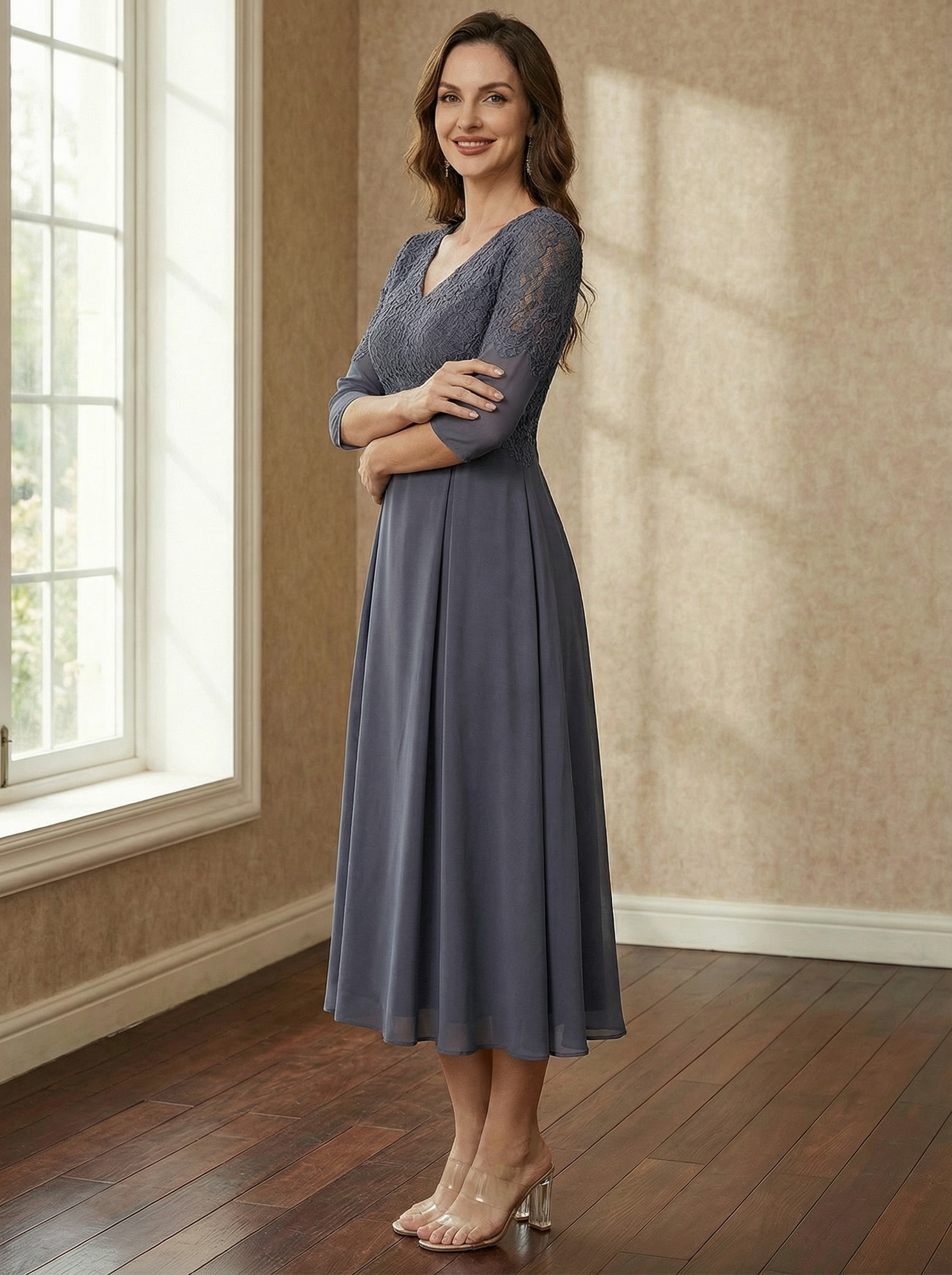 A-line V-Neck Tea-Length Chiffon Lace Mother of the Bride Dress With Beading