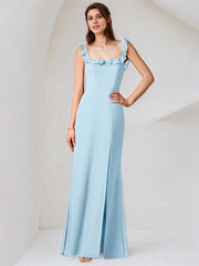 Sky Blue Chiffon Square Neck Sleeveless Floor Length Dress With High Slit